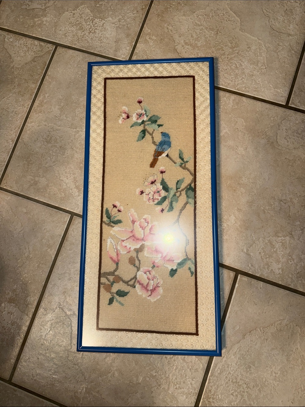 Vintage Large Floral Cross-Stitch Panel with Blue Bird - Framed - Picture 2 of 5